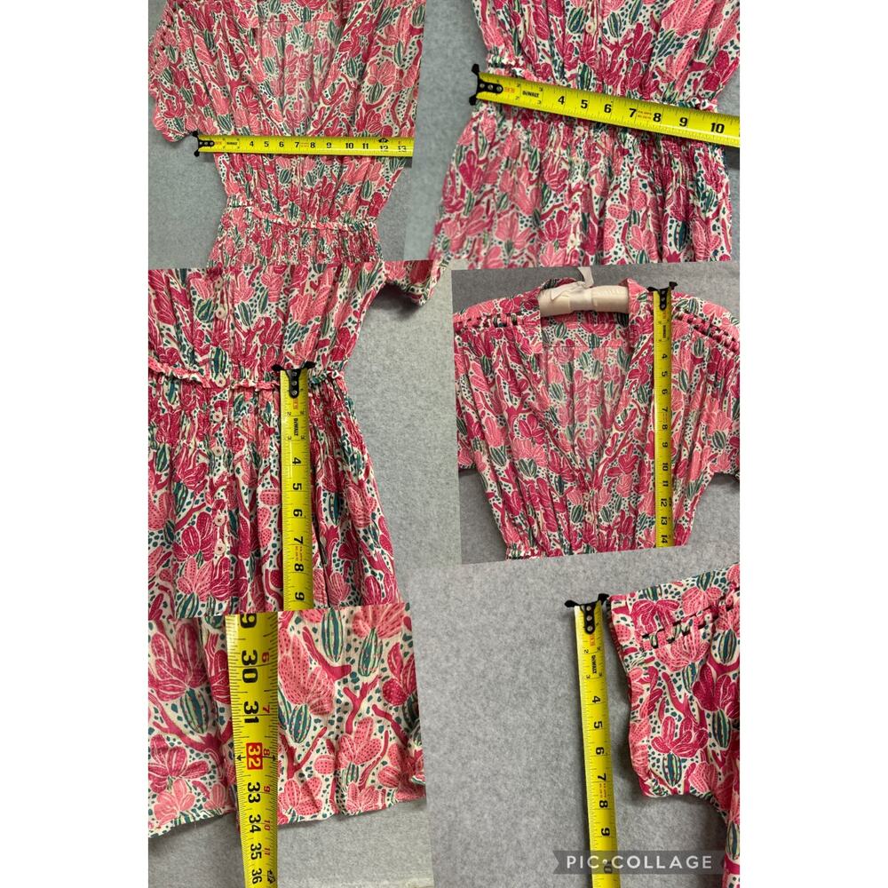 Poupette St Barth Becky Pink Kaktus Print Button Front Short Sleeve Maxi Dress - Picture 12 of 14